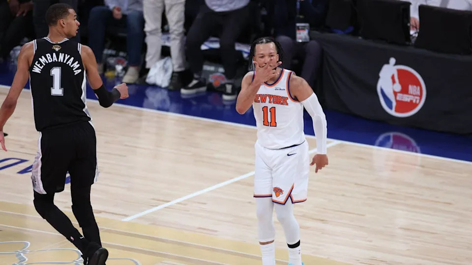 Jun 8, 2026; New York, New York, USA; New York Knicks guard Jalen Brunson (11) reacts as San Antonio Spurs forward Victor Wembanyama (1) looks on in the second quarter during game three of the 2026 NBA Finals at Madison Square Garden. Mandatory Credit: Vincent Carchietta-Imagn Images© Vincent Carchietta-Imagn Images&period;