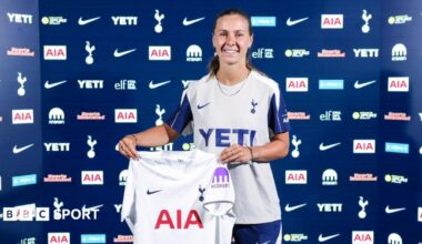 Victoria Pelova faces the camera while holding a Tottenham shirt