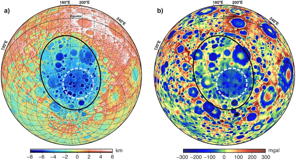 (a) Orthographic projection of lunar topography as collected by the Lunar Orbiter Laser Altimeter. The inner rim is outlined in black, and a central topographic depression is indicated with a white dashed circle. (b) Free-air gravity from Gravity Recovery And Interior Laboratory referenced to a radius of 1,748 km. (CREDIT: Geophysical Research Letters)