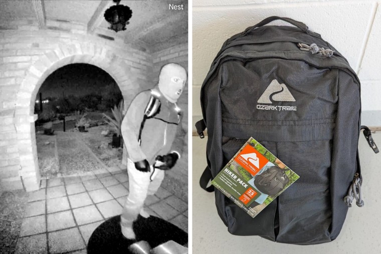 Security video of a masked man and a black Ozark Trail brand backpack in images the FBI in Phoenix posted Feb. 12 on X. 