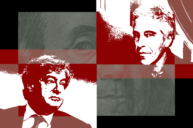 Photo Illustration of Leon Black and Epstein with a close-up of a dollar bill in the background.