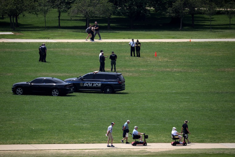 Police investigators on the lawn of the National Mall.