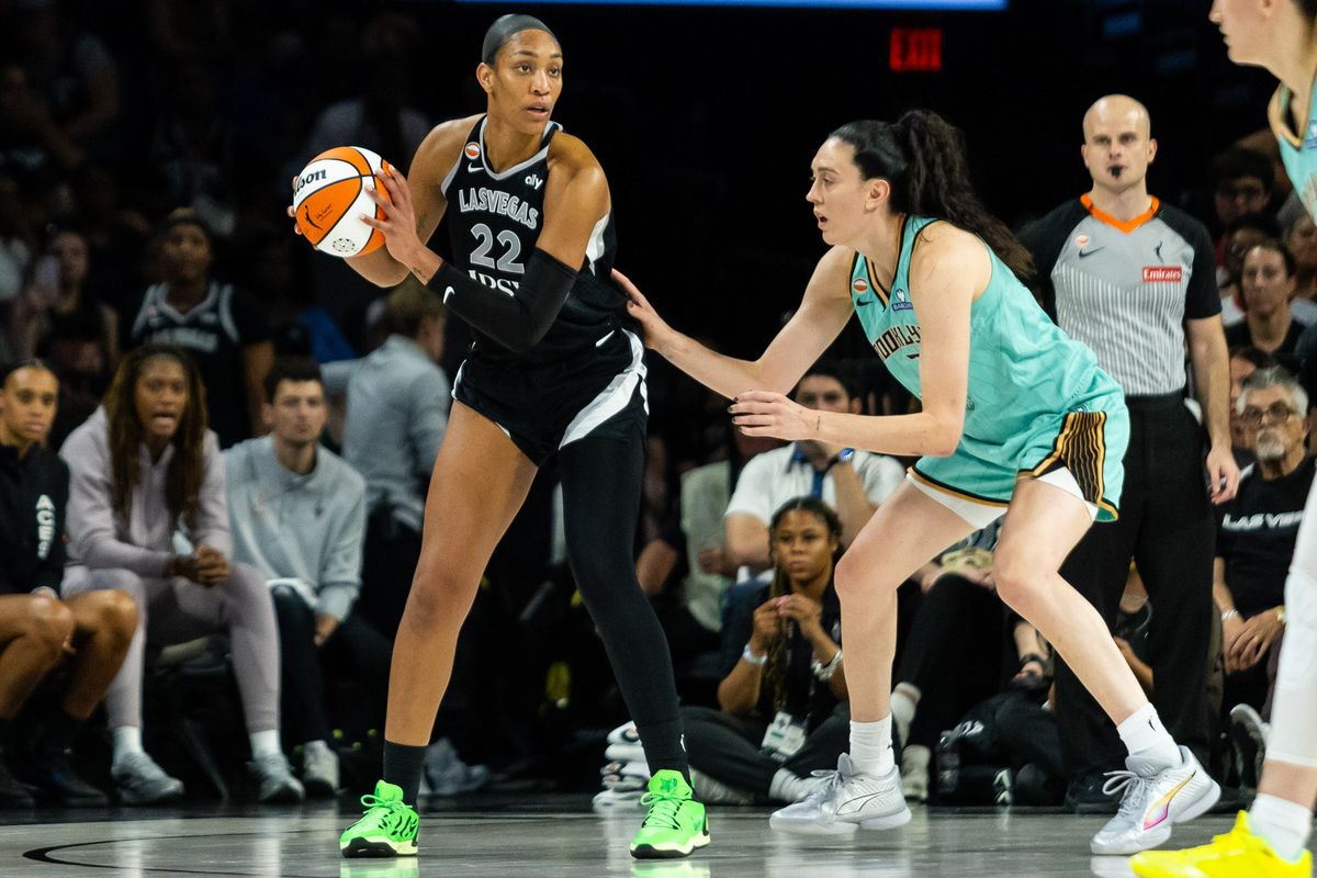 Las Vegas Aces forward A’ja Wilson (22) receives the ball at the post while New York Liberty forward Breanna Stewart (30) defends her during a WNBA game between the Las Vegas Aces and the New York Liberty, Tuesday June 23, 2026 in Las Vegas, Nev. Las Vegas Aces forward A’ja Wilson (22) receives the ball at the post while New York Liberty forward Breanna Stewart (30) defends her during a WNBA game between the Las Vegas Aces and the New York Liberty, Tuesday June 23, 2026 in Las Vegas, Nev.