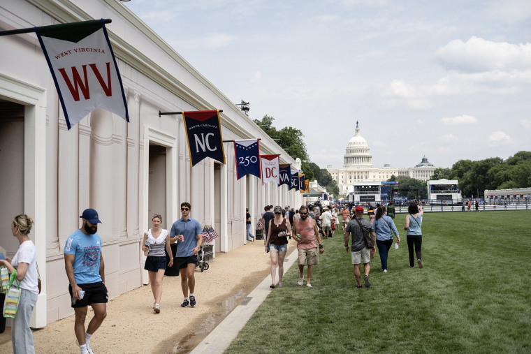 People walking in front of a long line of signs bearing U.S. state names on the National Mall in Washington.