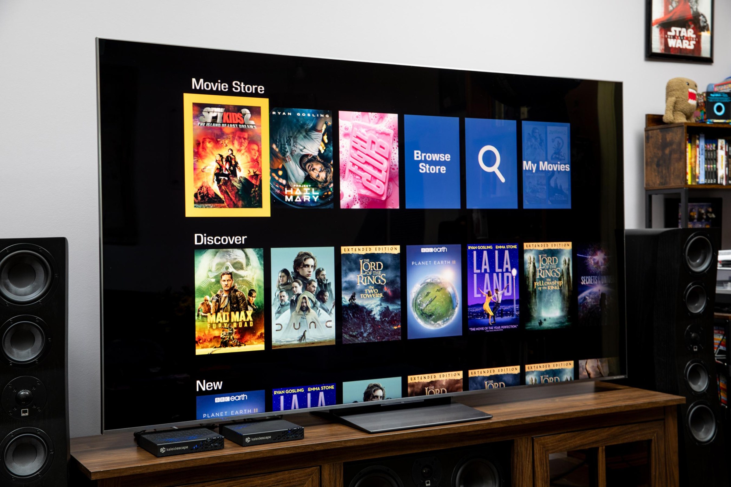 The browse user interface view on the Kaleidescape Strato E displayed on a TV.