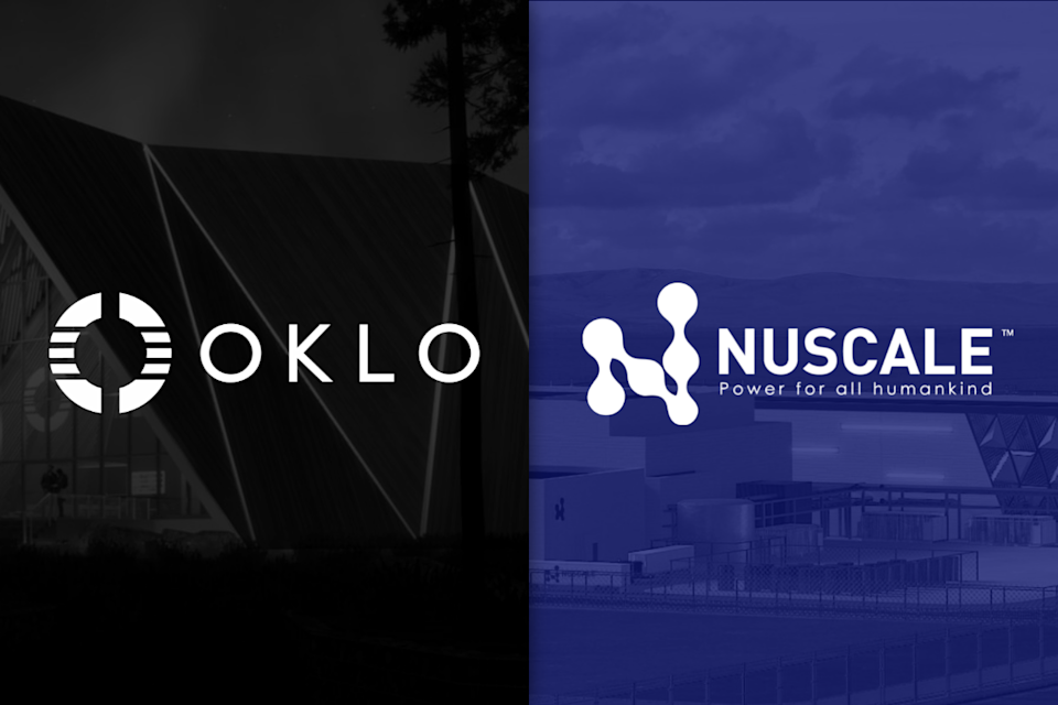 Oklo's and NuScale's logos on black and blue backdrops.