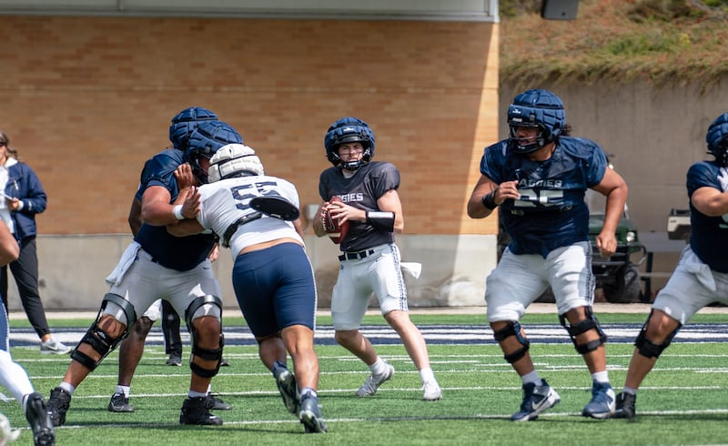 Utah State quarterback McCae Hillstead drops back to throw during spring camp in Logan.