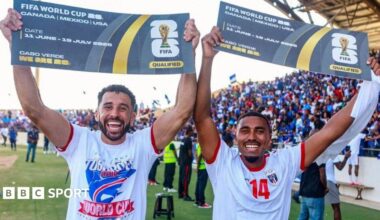 Roberto Lopes (left) celebrates Cape Verde's World Cup qualification with  Deroy Duarte after victory over Eswatini