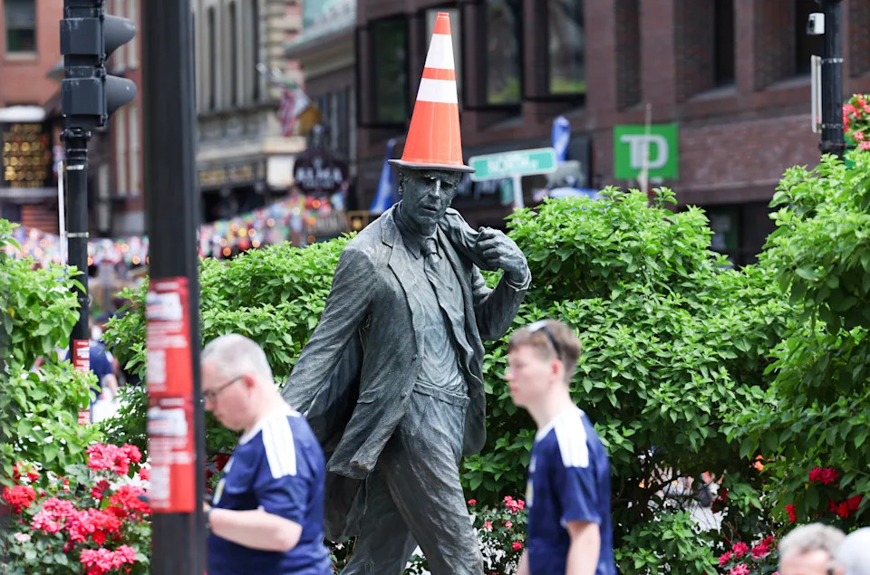 A statue of Mayor Kevin White with a traffic cone on his head is pictured in Boston.