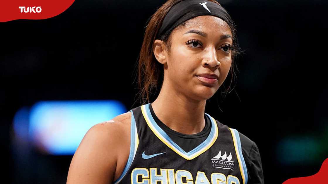 Angel Reese #5 of the Chicago Sky looks on
