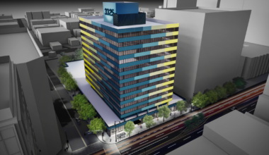 Adaptive reuse project gets colorful new exterior at 3325 Wilshire Blvd. in Koreatown