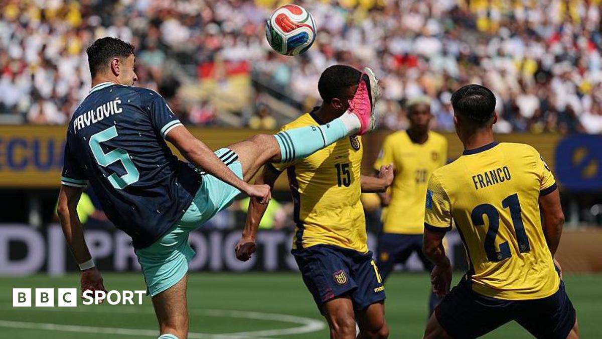 Germany's Aleksandar Pavlovic catches Ecuador's Pedro Vite with a high boot