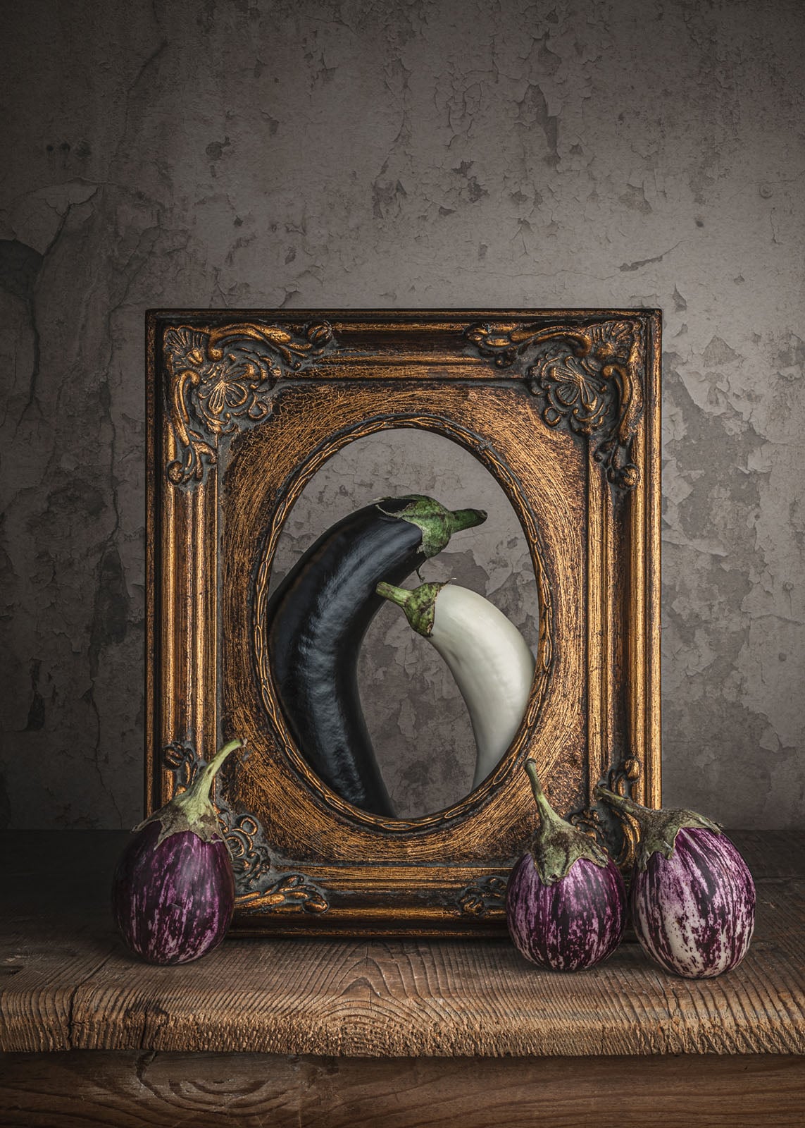 A dark purple and a white eggplant lean together inside an ornate, vintage frame, resembling an embrace, with three small striped eggplants in front on a rustic wooden surface. The background is textured and gray.