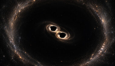 Artistic depiction of black holes merging and forming a void around them with no stars