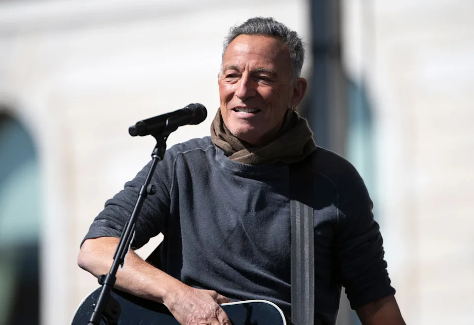 Bruce Springsteen performs during a "No Kings" protest outside the State Capitol building on March 28, 2026, in St. Paul, Minnesota.