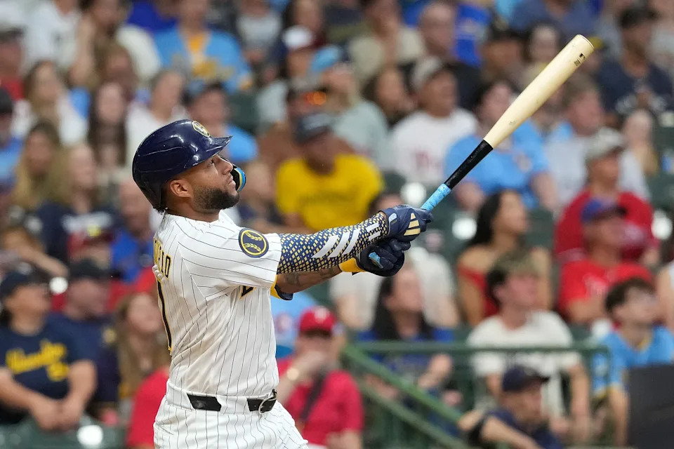Jackson Chourio #11 of the Milwaukee Brewers hits a two-run homer in the seventh inning against the Philadelphia Phillies at American Family Field on Saturday, June 13 in Milwaukee.