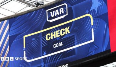 The big screen displays the VAR review after Iran's goal during the FIFA World Cup 2026 Group G match between Belgium and IR Iran at Los Angeles Stadium on June 21, 2026 in Inglewood, California.