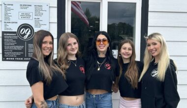 Original Grinds Coffee Company at 615 E. Washington St. in Sequim received a perfect health inspection in May. Staff members, from left, include Holly Shimer, Stella Dennis, Lindsey Forshaw, owner, Charlotte Forshaw, and Pippa Dressel. Not pictured is Makayla Bower.