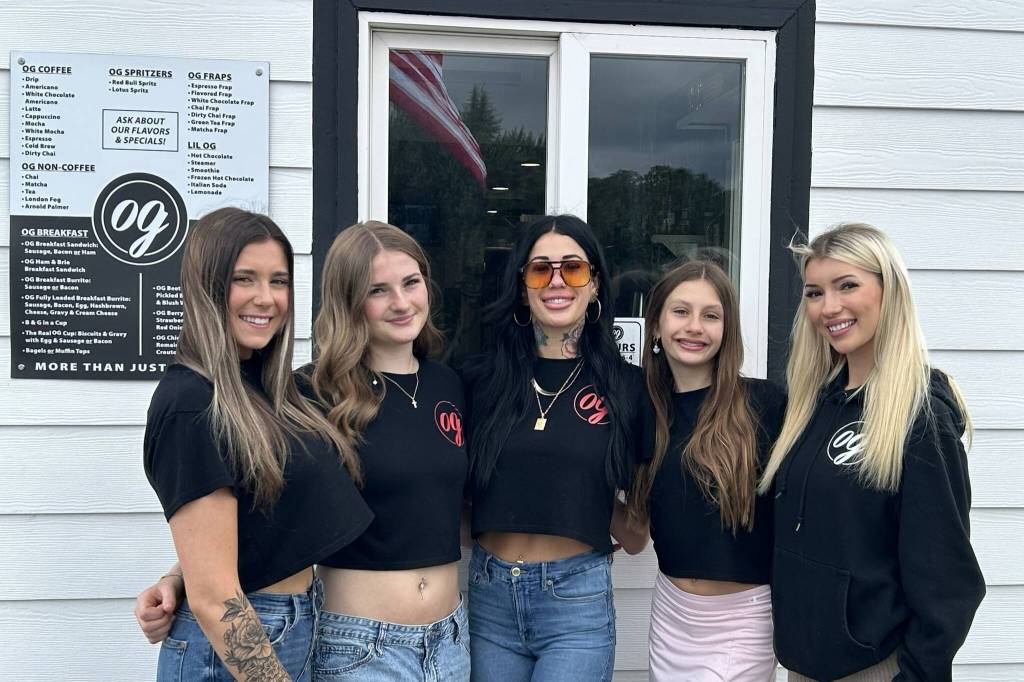 Original Grinds Coffee Company at 615 E. Washington St. in Sequim received a perfect health inspection in May. Staff members, from left, include Holly Shimer, Stella Dennis, Lindsey Forshaw, owner, Charlotte Forshaw, and Pippa Dressel. Not pictured is Makayla Bower.