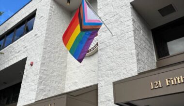 An LGBTQ+ pride flag flies outside of Edmonds City Hall on Wednesday, June 10, 2026, in Edmonds, Washington. (Provided photo)