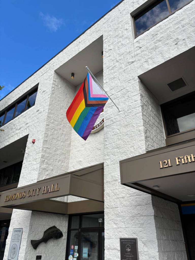 An LGBTQ+ pride flag flies outside of Edmonds City Hall on Wednesday, June 10, 2026, in Edmonds, Washington. (Provided photo)