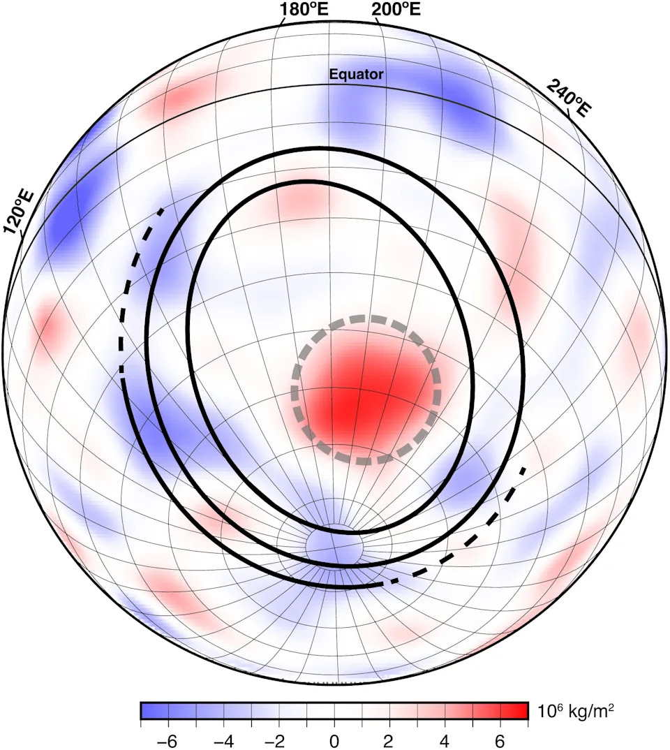 Mantle mass excess per unit area. A large excess of mass in the southern interior of the South Pole-Aitken basin coincides with the central depression outlined in Figure 1 (outlined here with a dashed gray circle). (CREDIT: Geophysical Research Letters)