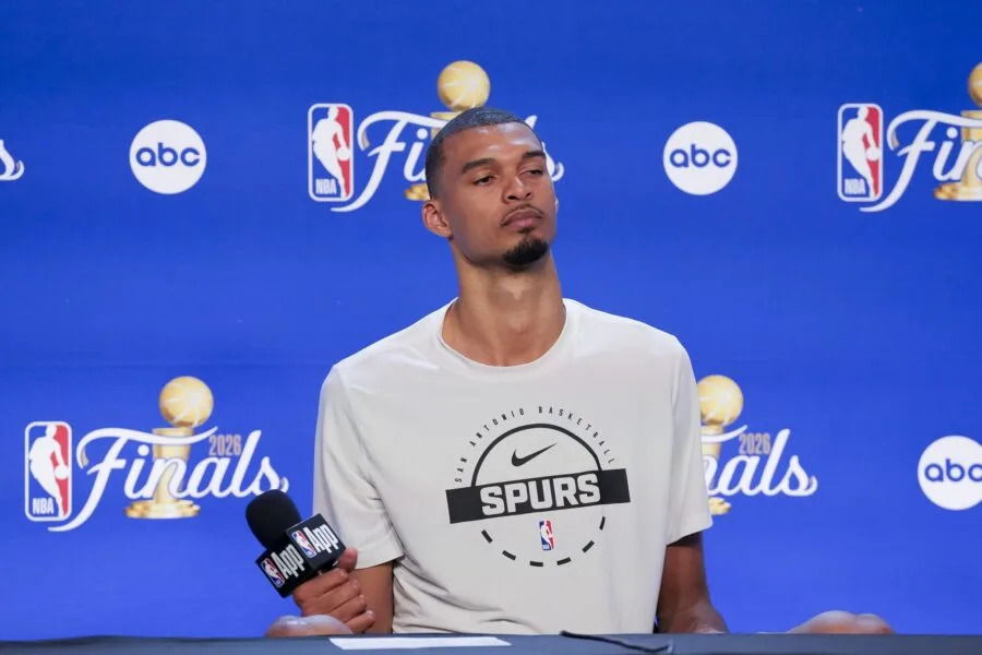 San Antonio Spurs forward Victor Wembanyama speaks to the media after game one of the 2026 NBA Finals