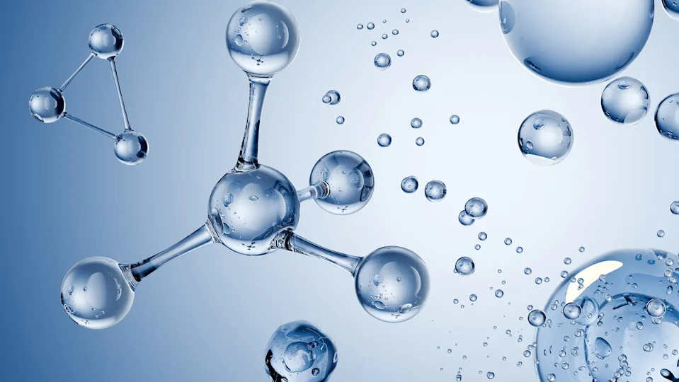 A series of ball-and-stick shaped transparent molecules against a blue background