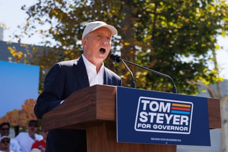 Tom Steyer speaks at a rally at Los Angeles Trade Technical College on Sunday, May 31, 2026.