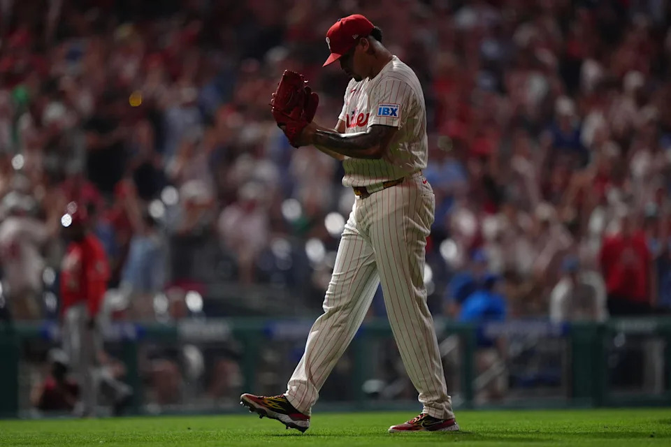May 18, 2026; Philadelphia, Pennsylvania, USA; Philadelphia Phillies relief pitcher Jhoan Duran (59) reacts after the game against the Cincinnati Reds at Citizens Bank Park. Mandatory Credit: Kyle Ross-Imagn Images