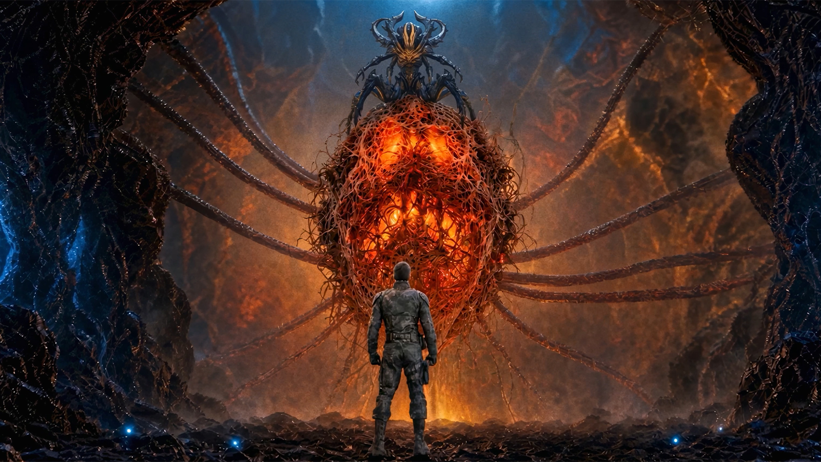 Catacombs AI film; a man stands in front of a large alien glowing cocoon