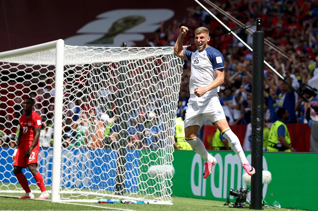 TORONTO, ONTARIO - JUNE 12: Jovo Lukic #25 of Bosnia and Herzegovina celebrates scoring his team's first goal during the FIFA World Cup 2026 Group B match between Canada and Bosnia and Herzegovina at Toronto Stadium on June 12, 2026 in Toronto, Ontario. (Photo by Maja Hitij - FIFA/FIFA via Getty Images)