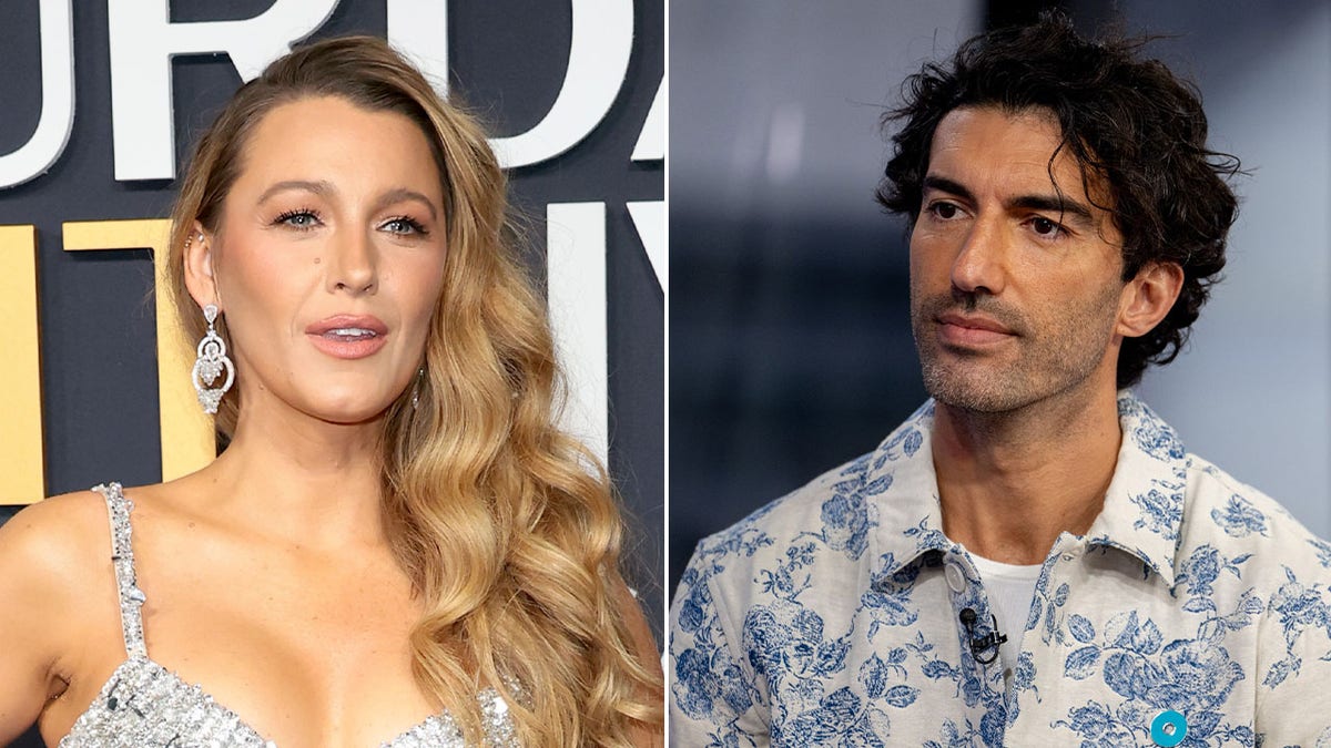 Blake Lively wearing a silver dress and Justin Baldoni wearing a denim jacket on a red carpet.
