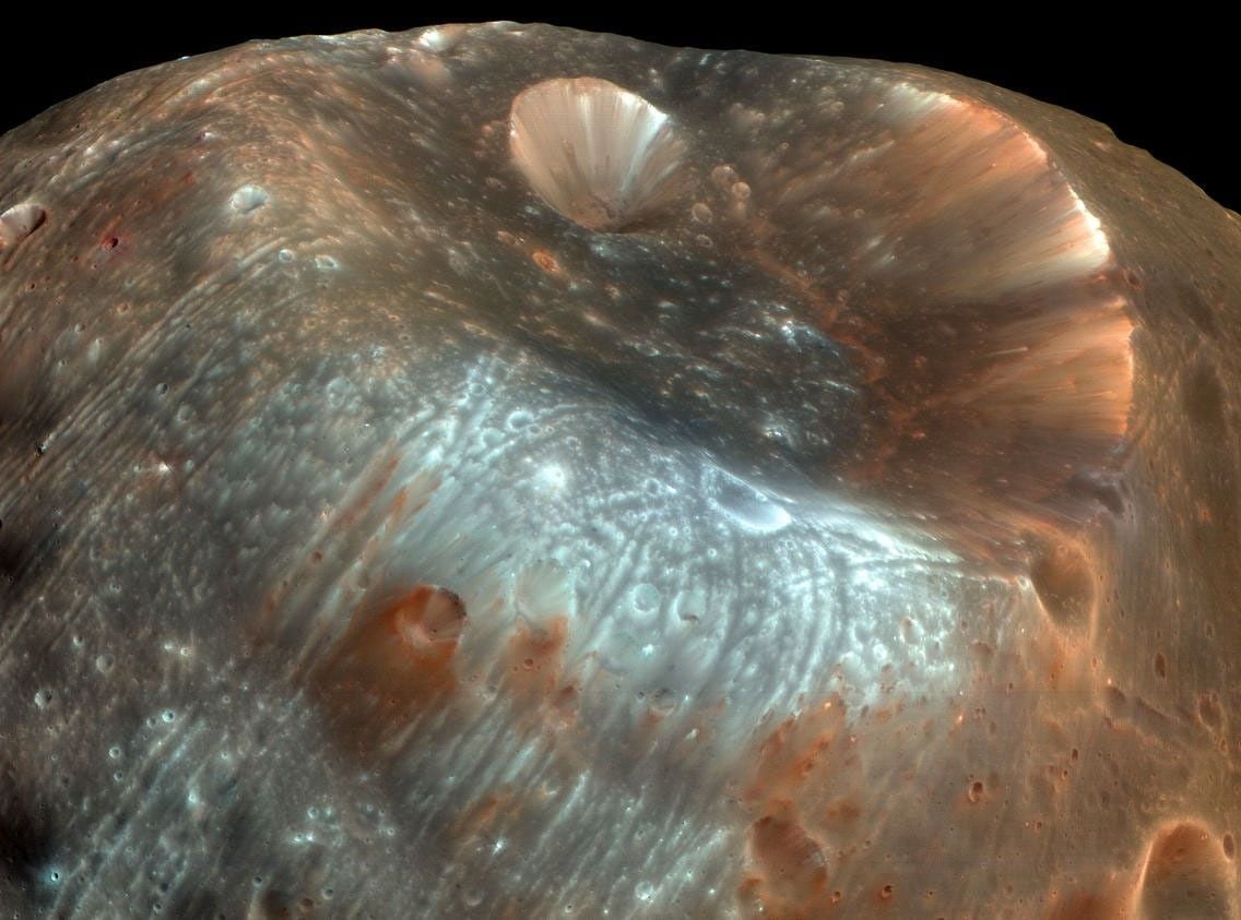 The large impact crater known as Stickney is the largest crater on the Martian moon Phobos. Credit:  NASA/JPL-Caltech/University of Arizona