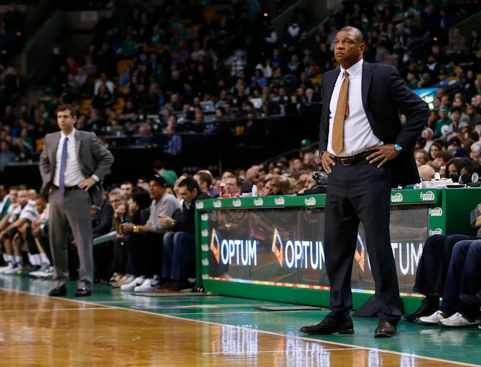 Mar 29, 2015; Boston, MA, USA; Los Angeles Clippers head coach Doc Rivers and Boston Celtics head coach Brad Stevens watch from the sideline in the second quarter at TD Garden. Mandatory Credit: David Butler II-USA TODAY Sports