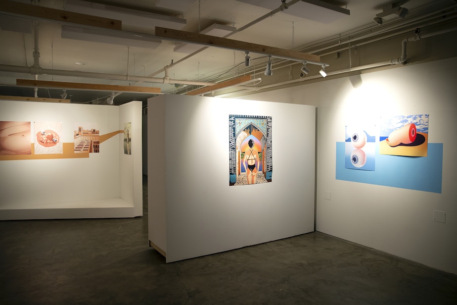 caption: Iranian artist Forouzan Safari’s work, "Imagined Freedom | Revealing Bodies Never Allowed to Be Seen," is exhibited on Wednesday, June 17, 2026, at ANTiPODE art gallery in Seattle’s Pioneer Square neighborhood.