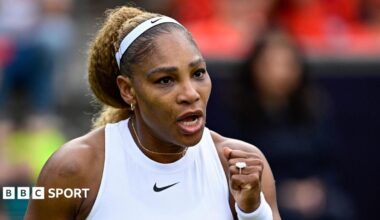 Serena Williams celebrates during a doubles match at the Berlin Open