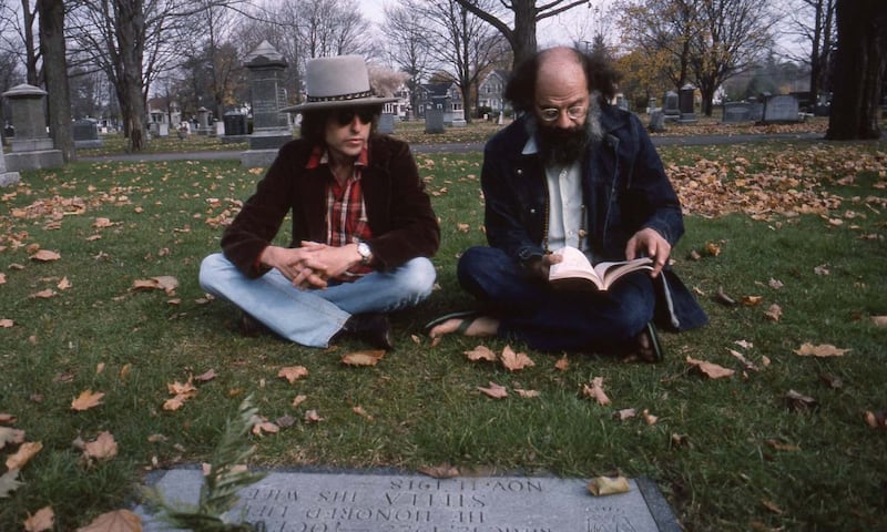 Bob Dylan and Allen Ginsberg at Jack Kerouac’s grave. Photograph: Netflix