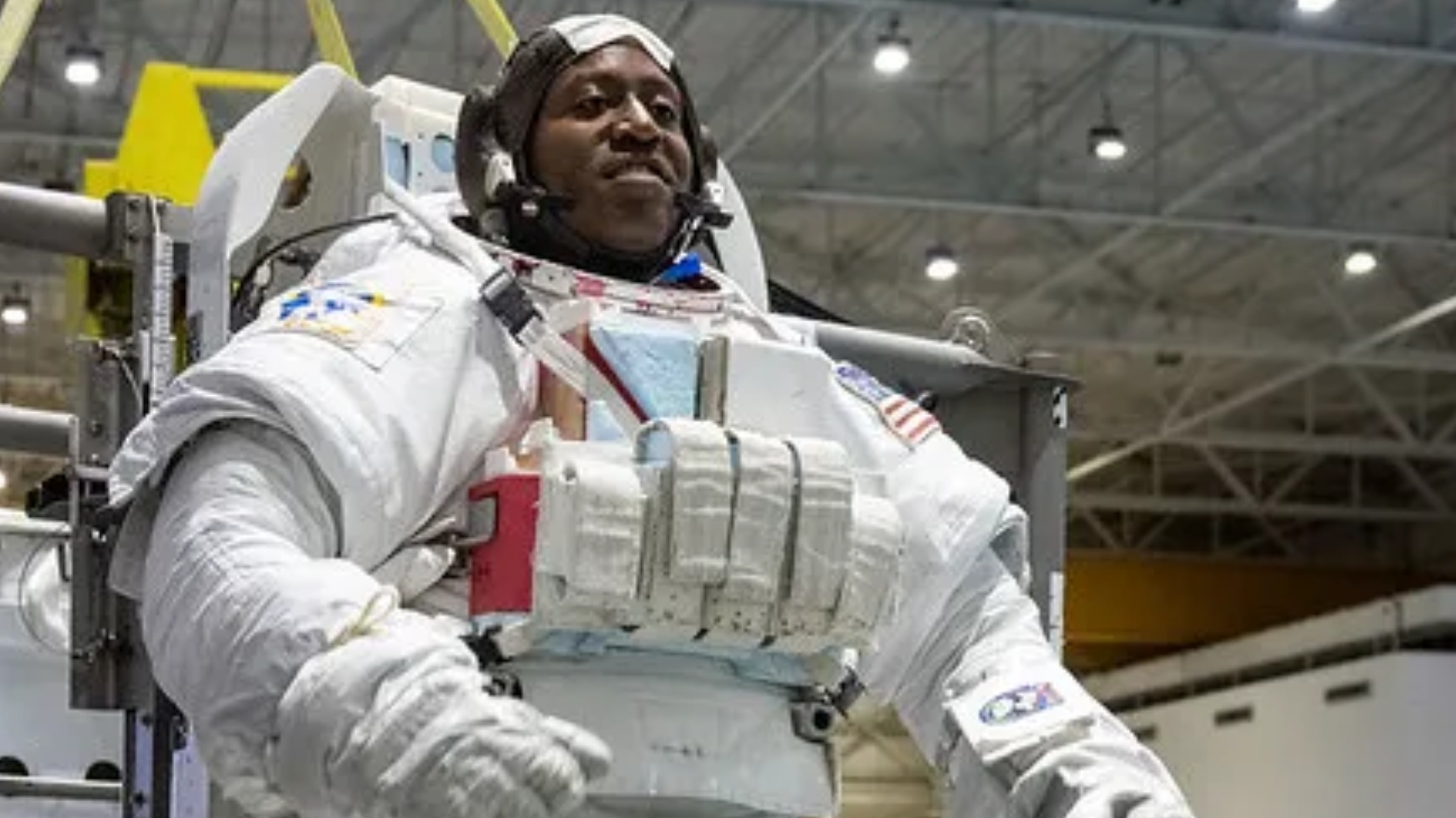NASA astronaut Andre Douglas during spacewalk or extravehicular activity training at NASA's Neutral Buoyancy Laboratory in Houston.