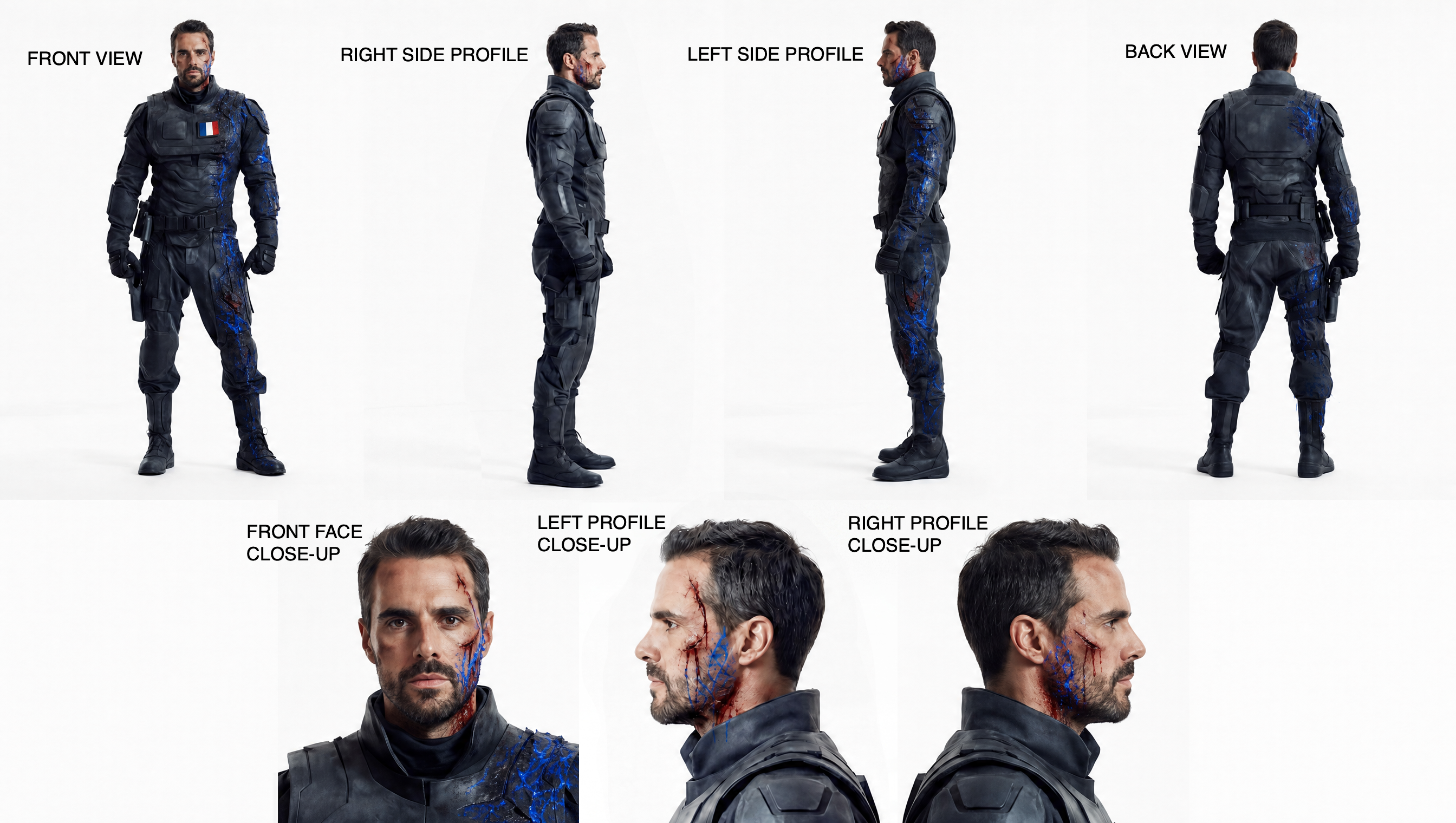 Catacombs AI film; character sheets of AI generated people