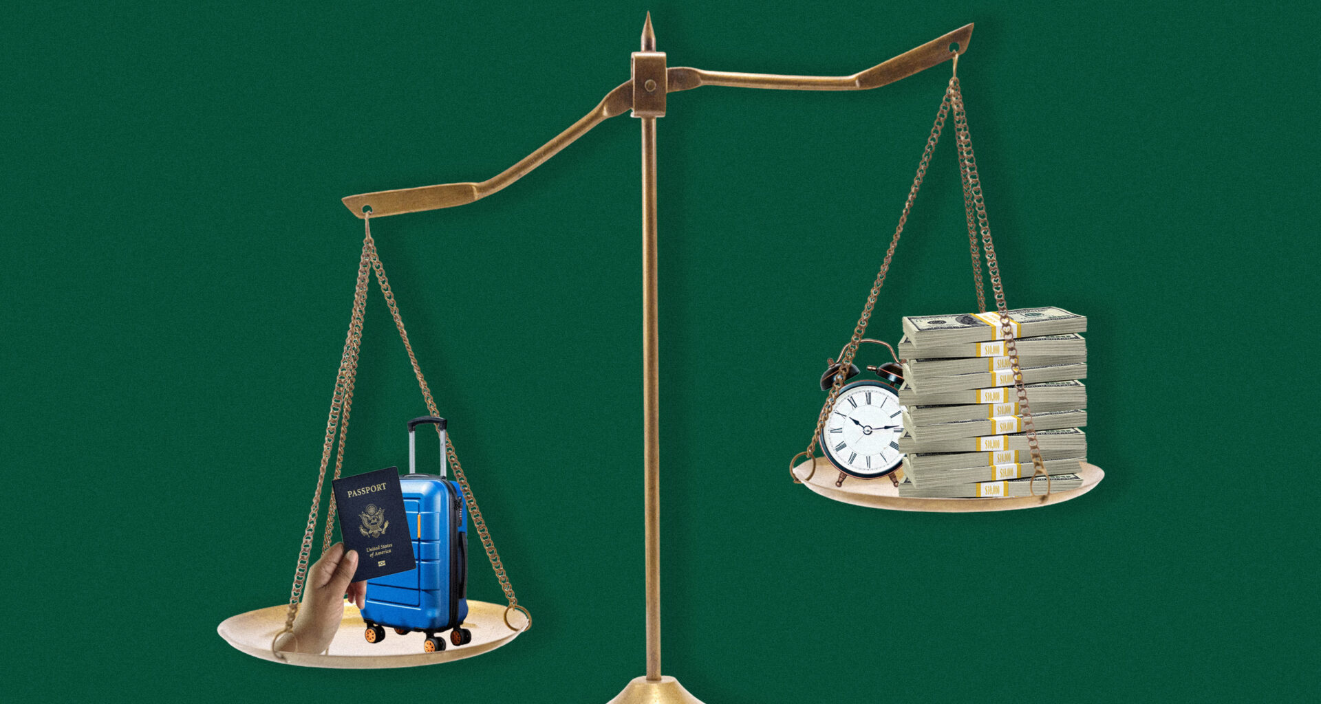 Photo illustration of a scale with travel on one side and time/money on the other