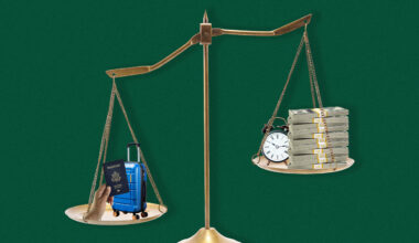 Photo illustration of a scale with travel on one side and time/money on the other