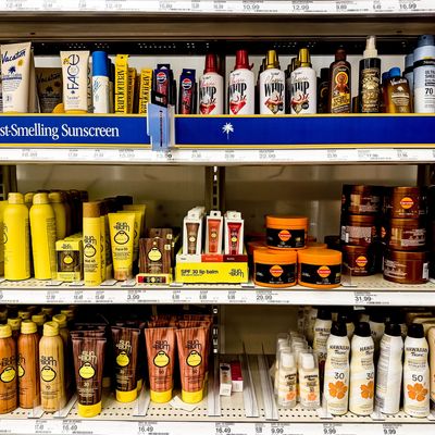 Sunscreen products on display in Target