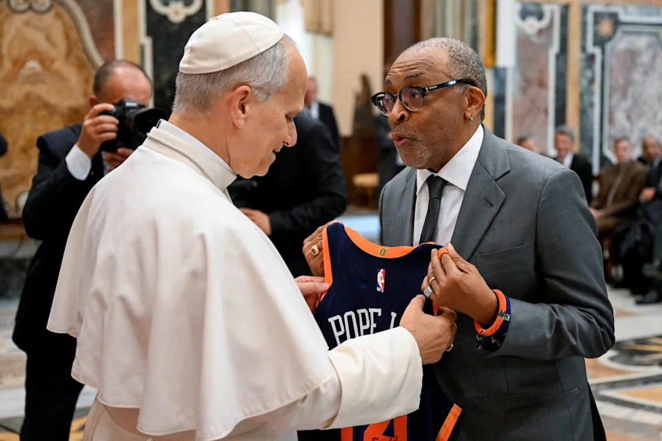 Pope Leo XIV signed Spike Lee’s Knicks jersey at the Vatican in November (Vatican Media/Reuters)