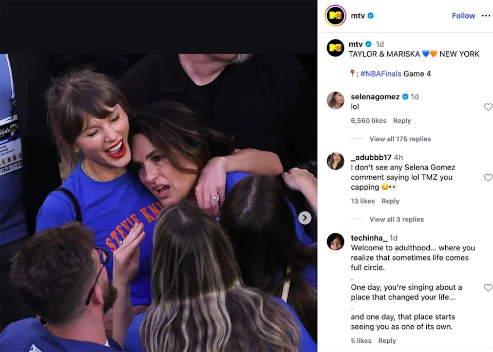 Selena Gomez commented “lol” underneath a photo of Taylor Swift and Mariska Hargitay supporting the Knicks at Game 4 of the 2026 NBA Finals. MTV/Instagram