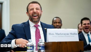 Homeland Security secretary Markwayne Mullin smiles during a House Appropriations Subcommittee hearing in Washington DC on 25 June 2026