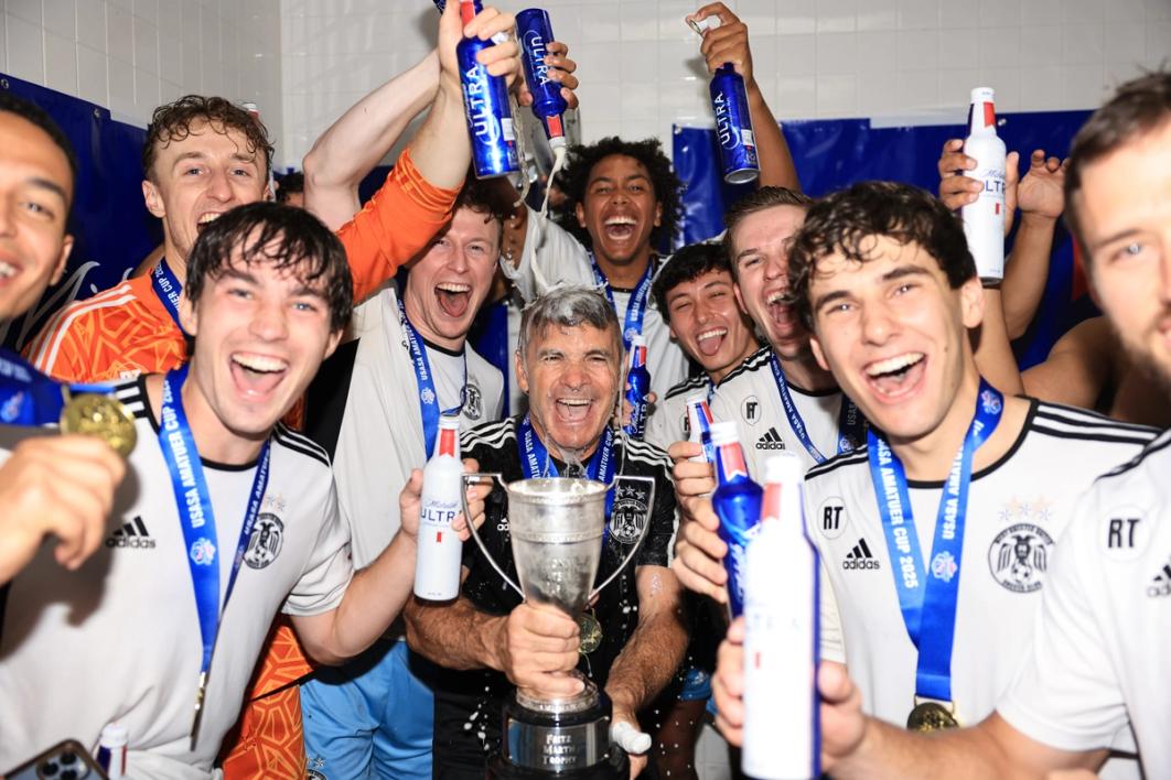 Blaise Santangelo (center), West Chester United players celebrate their win in the 101st USASA National Amateur Cup Final at Uihlein Soccer Park on July 26, 2025, in Milwaukee, Wis. (Photo by Geoff Stellfox/USSF/Getty Images)