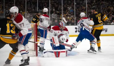 Montreal Canadiens goaltender Cayden Primeau (30) makes a save against the Boston Bruins in the first period during a game at TD Garden.