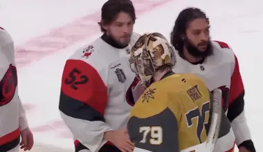 Carolina Hurricanes and Vegas Golden Knights players during the handshake line before the Stanley Cup presentation.