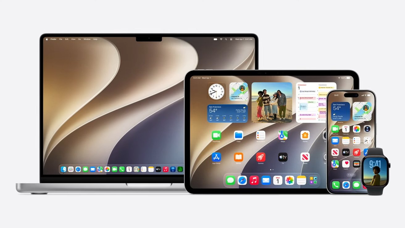 Apple devices displayed together: a MacBook, iPad, iPhone, and Apple Watch, all turned on and showing colorful app icons and widgets against matching abstract beige and gold wallpapers